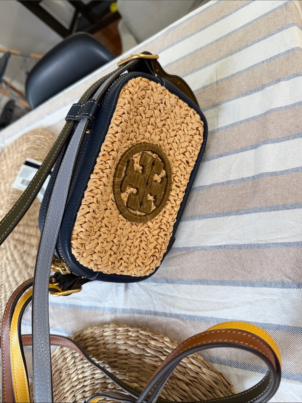 Tory Burch. Navy and Natural Woven Crossbody Bag with Logo Accent